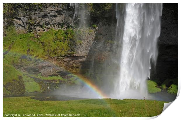 Rainbow in front of Seljalandsfoss waterfall in Iceland Print by Lensw0rld 