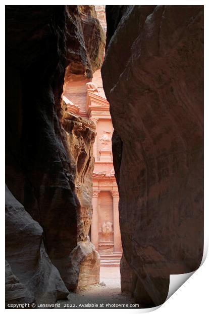A glimpse of the treasury in Petra, Jordan Print by Lensw0rld 