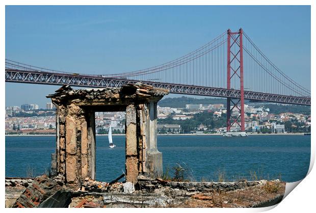 Coastal view in Lisbon, Portugal, with bridge and boat Print by Lensw0rld 