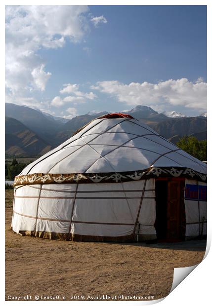 Yurt in front of a mountain range in Kyrgyzstan Print by Lensw0rld 