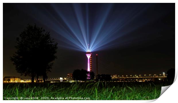 Light show from Düsseldorf's "Rheinturm" at night Print by Lensw0rld 