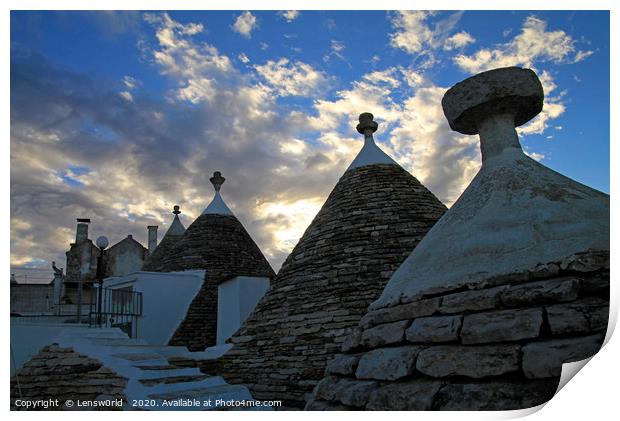Sunset and Trulli in Alberobello, Italy Print by Lensw0rld 