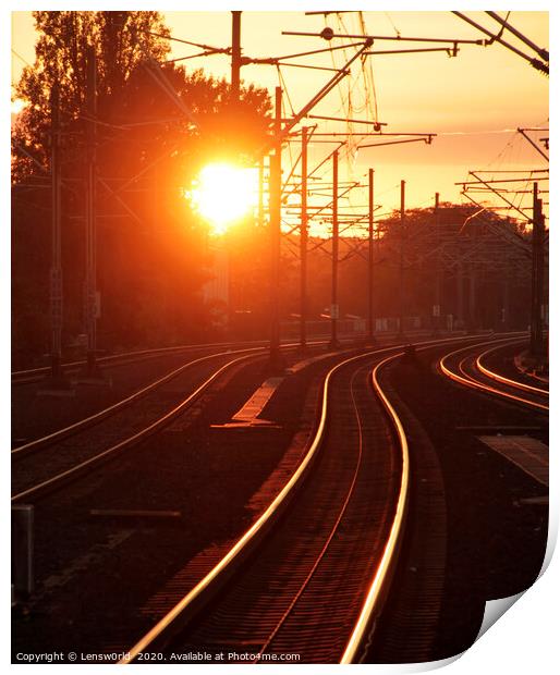 Sunset reflected on train tracks Print by Lensw0rld 