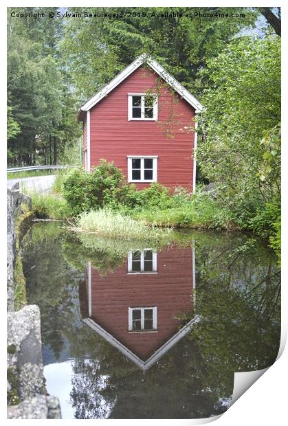 Reflection of a little red house Print by Sylvain Beauregard