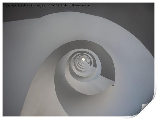 Spiral white staircase, upview Print by Sylvain Beauregard