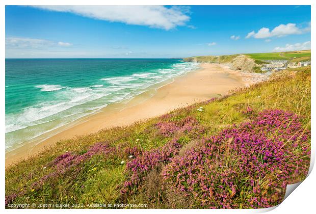 Heather above Watergate Bay, Cornwall Print by Justin Foulkes