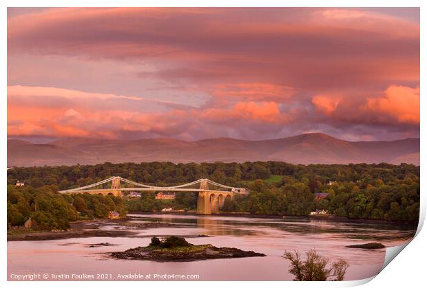 The Menai bridge, Anglesey, North Wales Print by Justin Foulkes