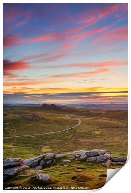 Haytor Rocks Sunrise, from Rippon Tor, Dartmoor Print by Justin Foulkes