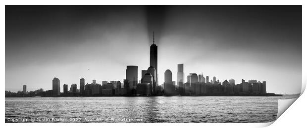 Lower Manhattan dawn skyline Panorama, New York Print by Justin Foulkes