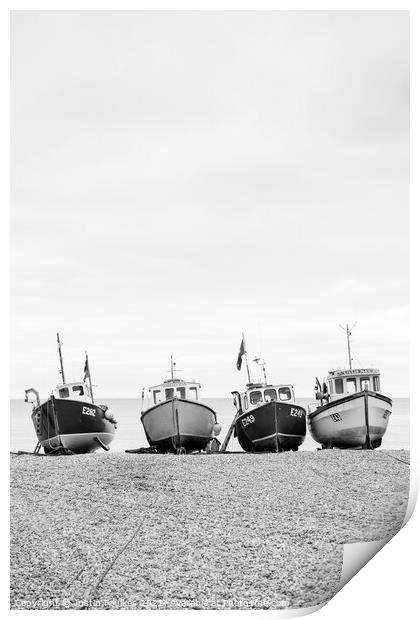 Fishing boats on the beach at Beer, Devon Print by Justin Foulkes