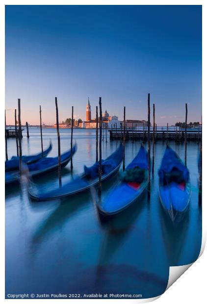 Gondolas at sunrise, Venice, Italy Print by Justin Foulkes