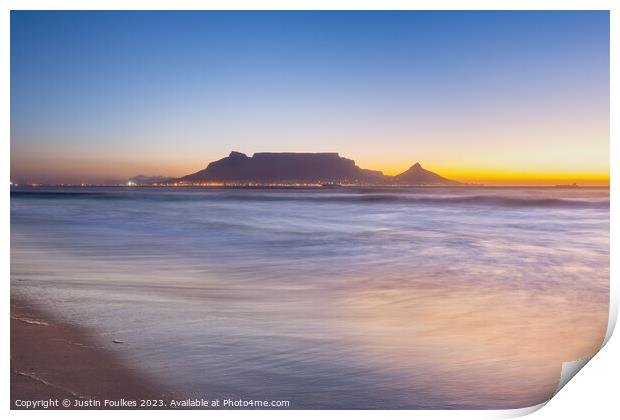 Table Mountain at sunset, from Bloubergstrand, Cape Town Print by Justin Foulkes