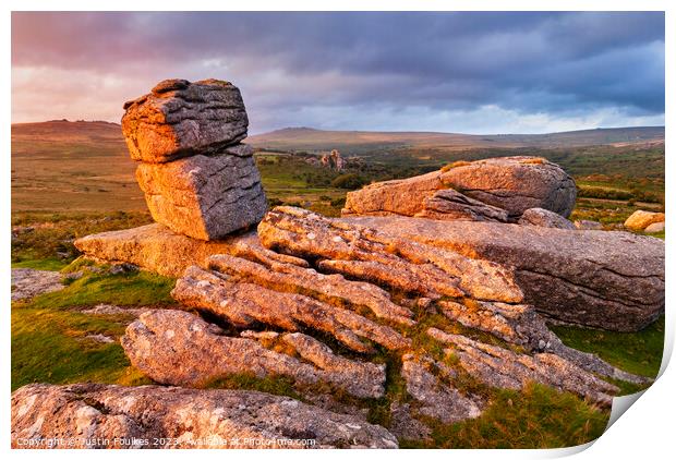 Heckwood Tor, with Vixen Tor beyond, Dartmoor Print by Justin Foulkes