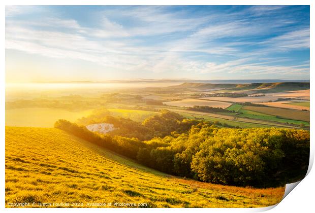 Sunrise over the South Downs from Mount Caburn Print by Justin Foulkes