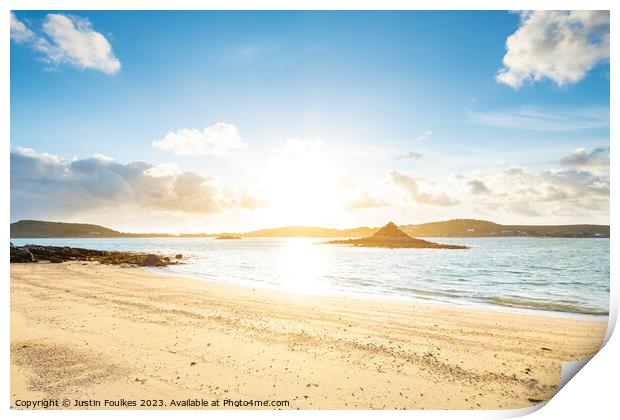 Sunset over Bryher, from Tresco, Isles of Scilly Print by Justin Foulkes