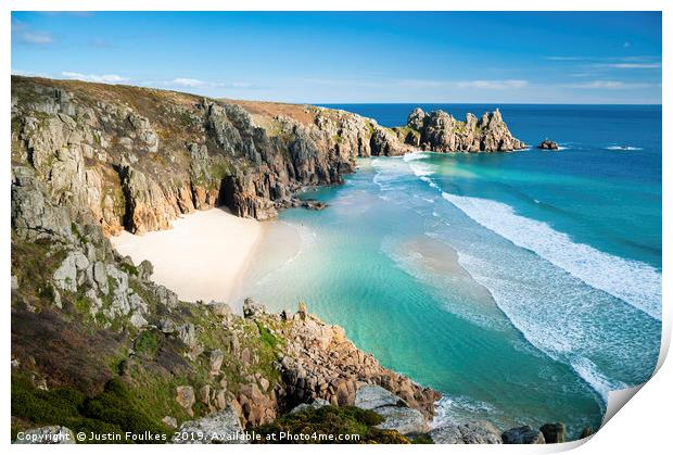 Pedn Vounder beach, Porthcurno, Cornwall Print by Justin Foulkes