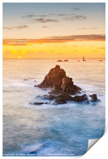 Sunset over the Armed Knight, Land's End, Cornwall Print by Justin Foulkes