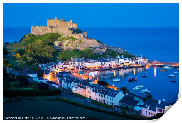 Mont Orgueil & Gorey harbour, Jersey, Channel Isla Print by Justin Foulkes