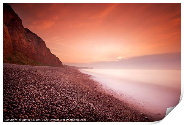 The beach at sunrise, Budleigh Salterton, Devon Print by Justin Foulkes