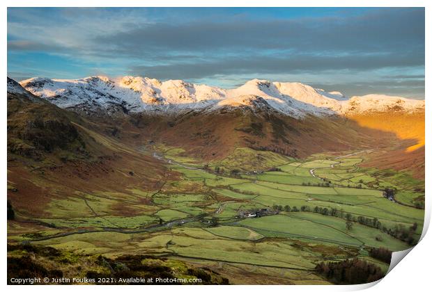 Bowfell, Crinkle Crags and the Langdale valley Print by Justin Foulkes