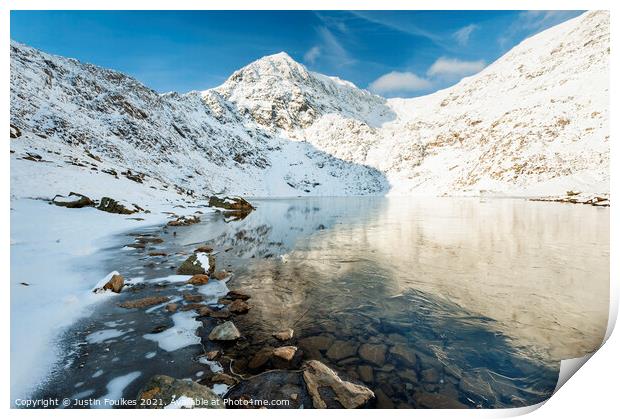 Snowdon, in winter, from Glaslyn, Snowdonia, North Print by Justin Foulkes