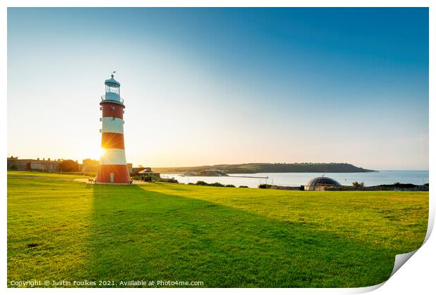 Smeaton's Tower, at sunrise, Plymouth Hoe Print by Justin Foulkes