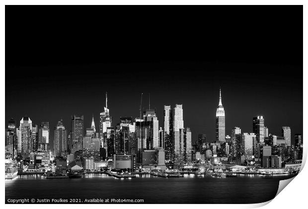 West Side skyline at night, New York  Print by Justin Foulkes