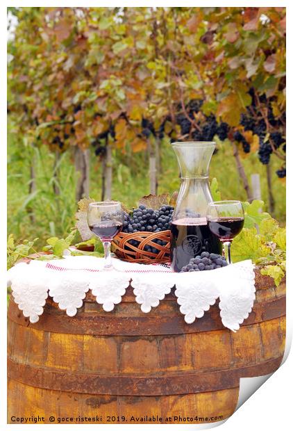 vineyard with grape and red wine  Print by goce risteski