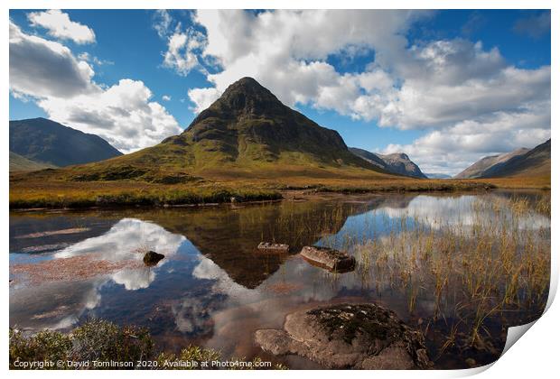 Reflections in the water at Glen Coe Valley  Print by David Tomlinson