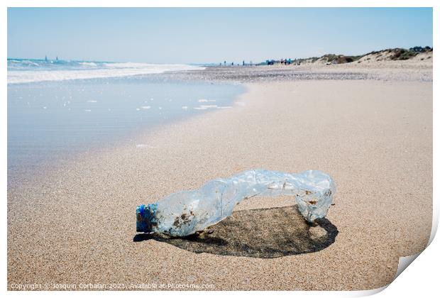 Abandoned pet plastic bottle on the shore of a clean beach, poll Print by Joaquin Corbalan