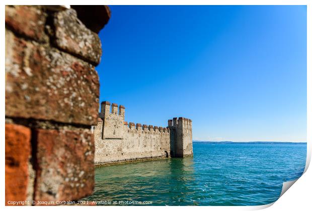 Facade of the castle of Sirmione surrounded by water. Print by Joaquin Corbalan