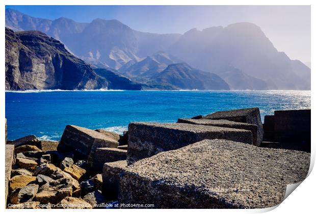 Entrance to the mouth of the port of Agaete with the beautiful c Print by Joaquin Corbalan