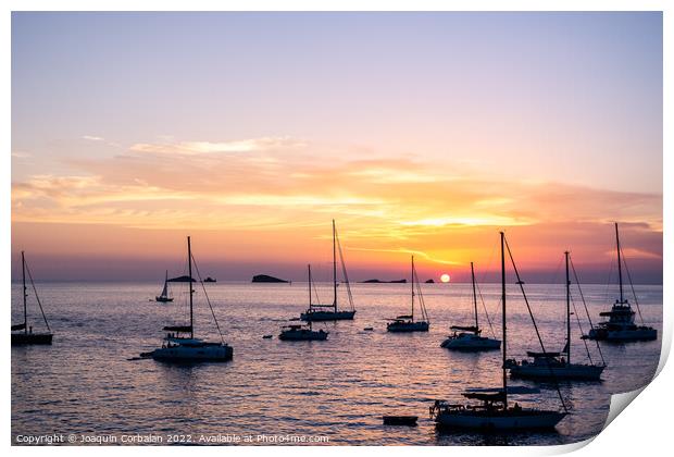 Several yachts and boats anchored near the coast relax watching  Print by Joaquin Corbalan