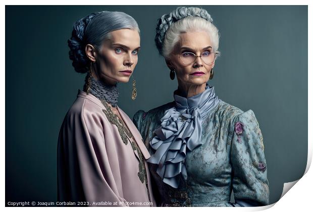 Studio portrait of two elderly sister ladies with  Print by Joaquin Corbalan