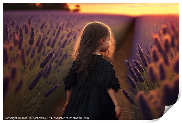 Painting of a beautiful girl walking through a field of beautifu Print by Joaquin Corbalan