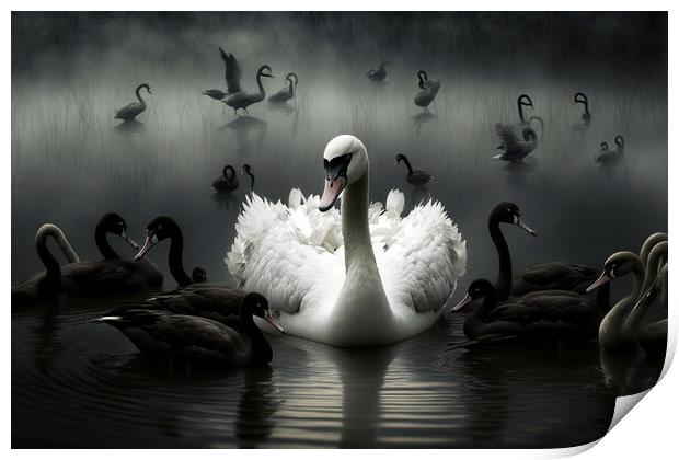 Illustration of a white swan with black ones, conc Print by Joaquin Corbalan