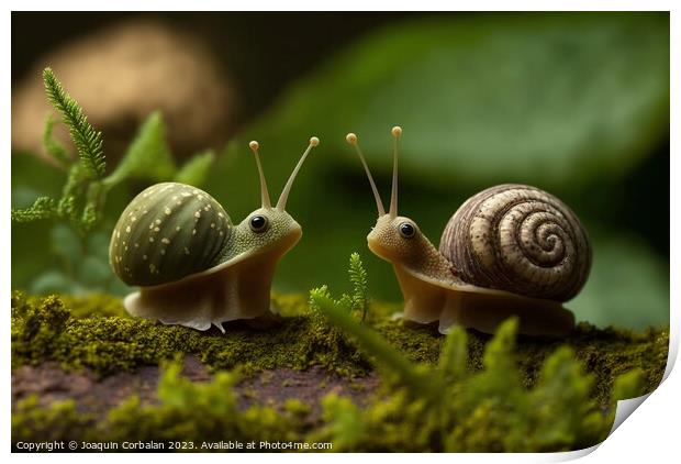 Cute snails looking and smiling at the camera. Ai  Print by Joaquin Corbalan