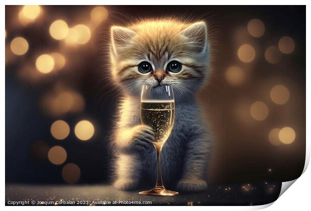 Illustration of a cute orange kitten celebrating t Print by Joaquin Corbalan