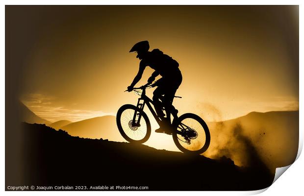 A mountain biker speeding down a ramp, silhouetted Print by Joaquin Corbalan
