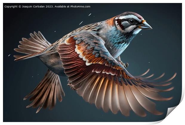 A small sparrow, flying isolated. Ai generated. Print by Joaquin Corbalan