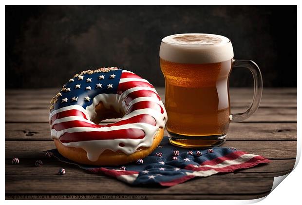 A cool beer and an American flag donut to celebrate Independence Print by Joaquin Corbalan