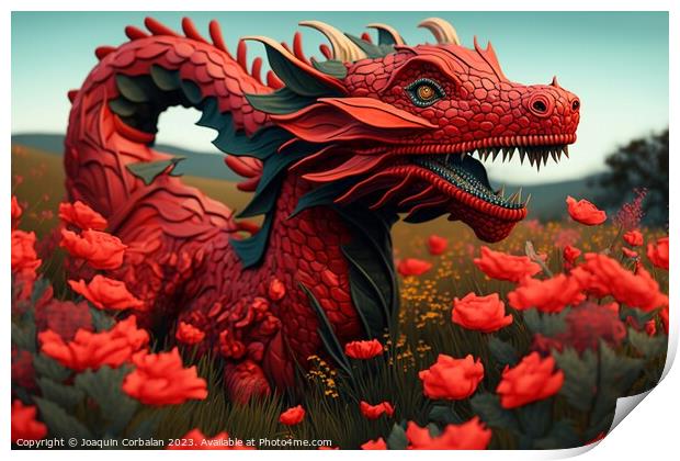 A beautiful Chinese dragon, red, made of wood, among the branche Print by Joaquin Corbalan