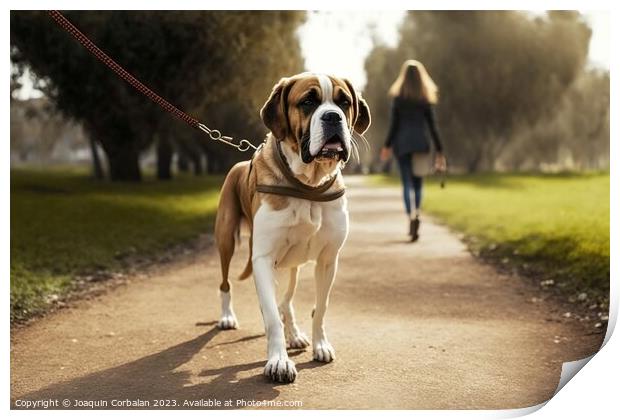 A woman walks her dog through a city park, on a leash. Ai genera Print by Joaquin Corbalan