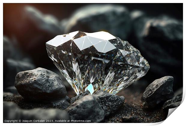 A polished diamond, among coal rocks. Ai generated Print by Joaquin Corbalan