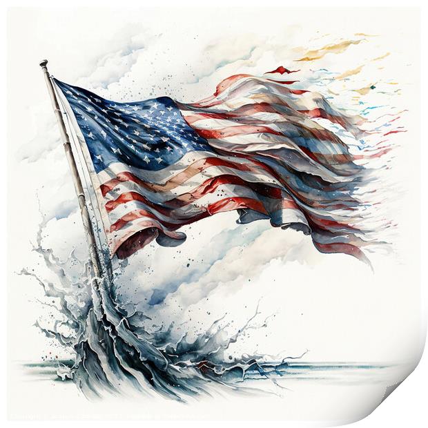 A patriotic painting of the American flag, sketched in watercolo Print by Joaquin Corbalan