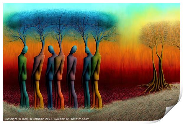 Artistic illustration, interpretation of colored trees with huma Print by Joaquin Corbalan