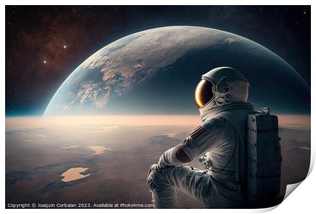 An astronaut explores new planets, science fiction illustration. Print by Joaquin Corbalan