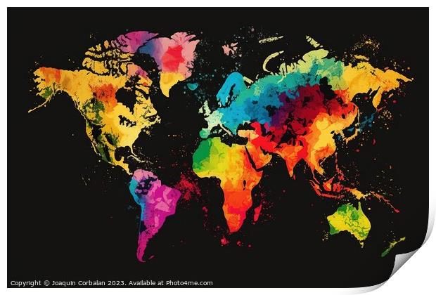 World map, planisphere, with a black background and colorful rel Print by Joaquin Corbalan