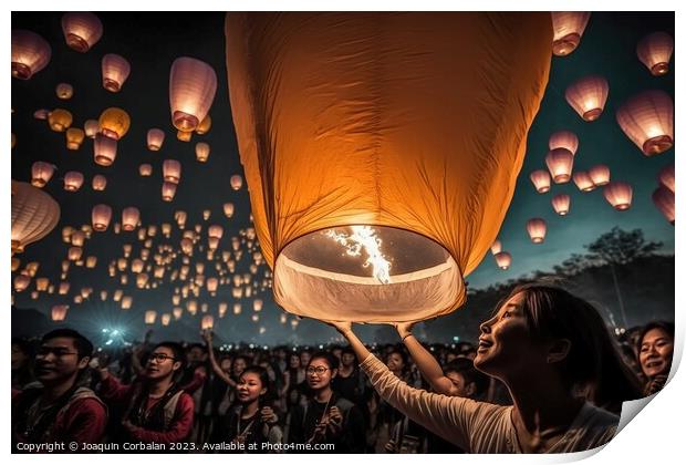 Asian tourists throwing paper lanterns into the air on a festiva Print by Joaquin Corbalan