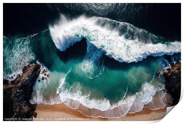 Aerial view of the beach waves hitting the sand. Ai generated. Print by Joaquin Corbalan